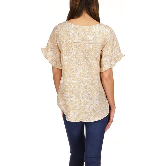Michael Kors Women Tan Paisley Satin Boho Casual Ruffle Sleeve Blouse Size S - Picture 2 of 6